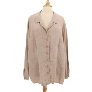 FLAX Shirt Women 2G Linen Brown Button Down Long Sleeve Collar